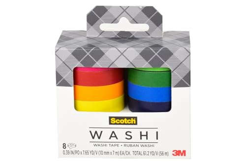 Scotch Washi Tape, Solid Color Rainbow Design, 8 Rolls, Great for Bullet Journaling, Scrapbooking and DIY Décor (C1017-8-SOL1)