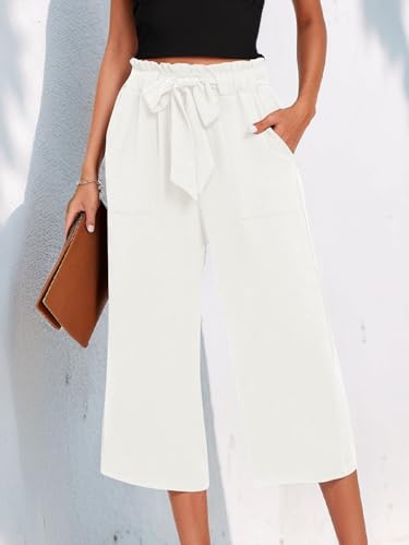 Women's Wide Leg Capris Pants, High Waist Casual Lounge Pants with Adjustable Tie - Solid Color
