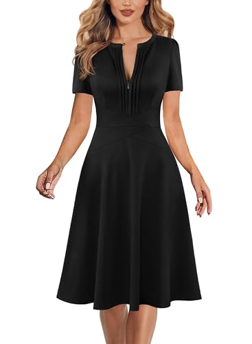 VFSHOW Womens Summer Work Business Dresses Pleated Crew Neck Front Zipper Button Office Slim A-line Fit and Flare Dress