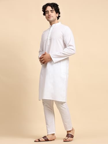 SKAVIJ Herren Tunika Baumwolle Kurta Schlafanzug indisch Yoga Zwanglos Kleid Satz (Weiß, S)