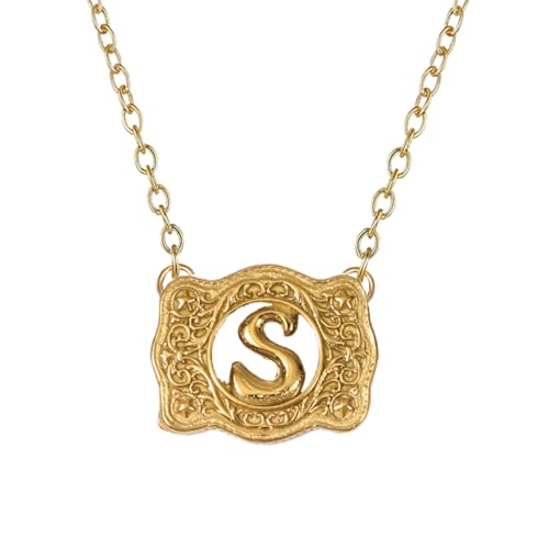 14K Gold Belt Buckle Necklace Western Style Initial Letter Pendant Necklace, Decorative Belt Buckle Frame Design
