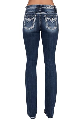 Miss Me Women's Mid Rise Hint of Blue Bootcut Jeans with Faux Flap Pockets