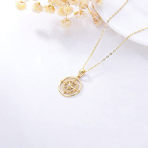 SISGEM 14K Real Gold Compass Pendant Necklace for Women,Yellow Gold Small Compass Dainty Necklace with Cubic Zirconia Graduation Birthday Present for Wife Mom,16+2 Inch4