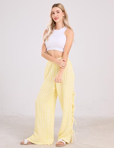 Image of codcm Womens Gingham Striped Wide Leg Pants Y2k Lounge Pants Lace Up Loose Trousers