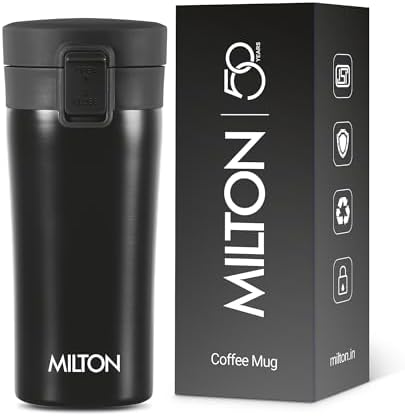 MILTON थर्मोस्टील वैक्यूम इंसुलेटेड ट्रैवल कॉफी मग, 300ml, काला, लंबे समय तक गर्म और ठंडा, ISI प्रमाणित, स्पिल प्रूफ और सिप करने में आसान, लीकप्रूफ और रस्टप्रूफ, गो कॉफी कप पर