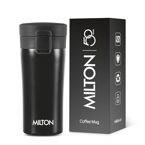 Image of MILTON Thermosteel Vacuum Insulated Travel Coffee Mug, 300ml, Black, Prolonged Hours Hot & Cold, ISI Certified, Spill Proof & Easy to Sip, Leakproof & Rustproof, On The Go Coffee Cup