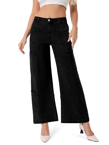 ONESO Wide Leg Jeans for Women Trendy Mid Waisted Baggy Flare Jeans Stretchy Boyfriend Denim Pants with Patch Pockets