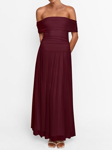 Image of MASCOMODA Women Off The Shoulder Mesh Maxi Dress Bodycon Ruched Formal Sleeveless Pleated Cocktail Wedding Guest Long Dresses