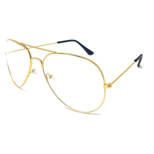 Clear Lens Pilot Style Glasses with UV400 Protection - Unisex (Gold)