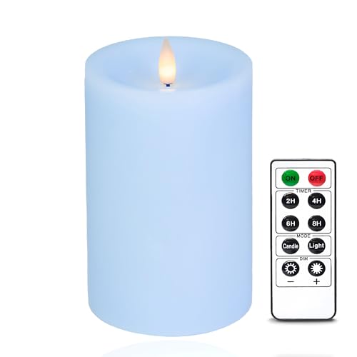 Image of Flameless Pillar Candles Flickering with Remote Timer, Battery Operated LED Candles Up to 400 Hours, 3D Moving Flame Real Wax Candles, D4 x H6, Remote Included (Ice Blue, 4inx6in)