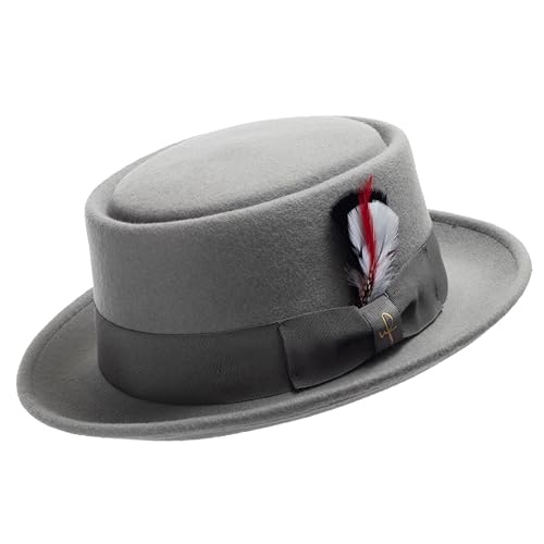 ULTRAFINO Riff Wool Felt Classic Jazz Porkpie Hat with Feather Grey Medium