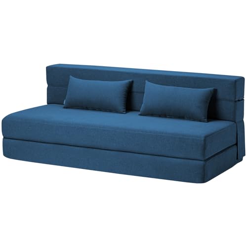 Folding Sofa Bed with Pillows- Convertible Chair Floor Couch & Sleeping Mattress, Foldable Memory Foam Sleeper for Living Room/Dorm/Guest Room/Home Office/Apartment/Loft, Queen, Navy Blue