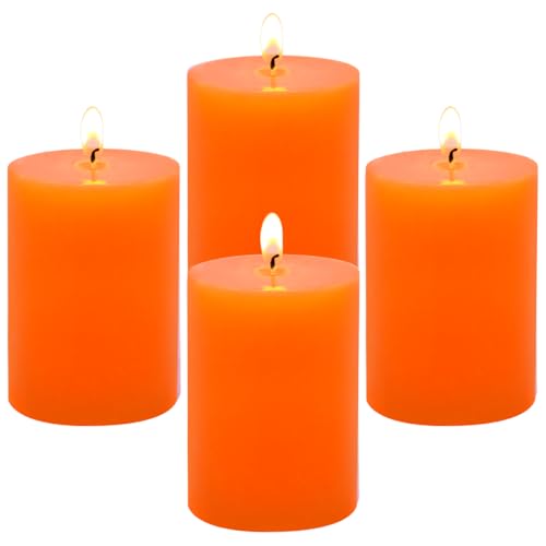 Unscented Orange Pillar Candles, Small 2x3 Inch Dripless Tapered Fall Column Candles for Thanksgiving Day Home Party Holiday Celebration, 24 Hour Burning, Set of 4