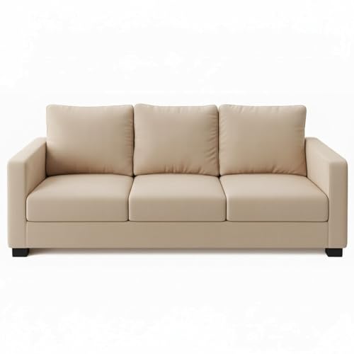 Image of FURNY Haster 3 Seater Fabric Sofa (Beige) Premium Velvet Finish Durable & Comfortable Ideal for Living Room