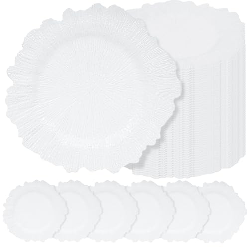 50 Pcs White Charger Plates Bulk 13 Inch Plastic Charger Plates for Dinner Plate White Chargers for Table Setting Reef Design Plate Floral Decorative Round Chargers for Wedding Party Event