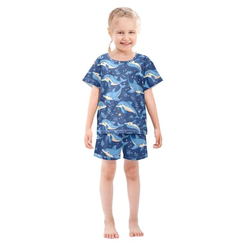 ALAZA Cartoon Dolphin Print Blue Pajamas Short Sleeve 2 Piece Sleepwear Top and Bottom Pajama Set Unisex3