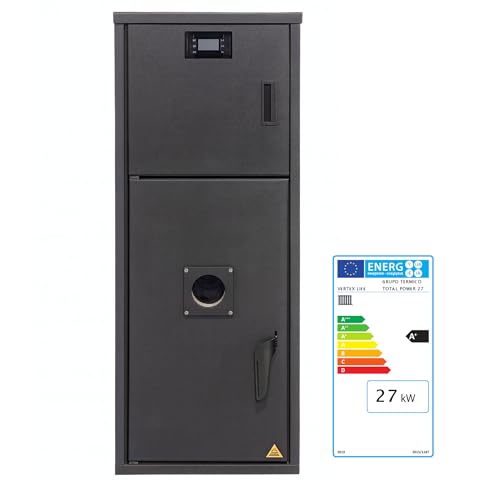 EIDER BIOMASA – Chaudière à Granulés Total Power 27 – 27 KW – Haut Rendement 92% – Réservoir 60 kg – Cuve 50 L – Autonettoyage Automatique – Chauffage Central – Classe Énergétique A+ – 141x56x58 cm