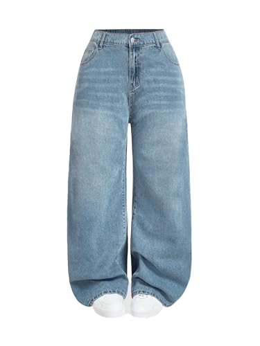 High Waist Wide Leg Jeans, Light Blue Denim, Elastic Waistband, Baggy Fit