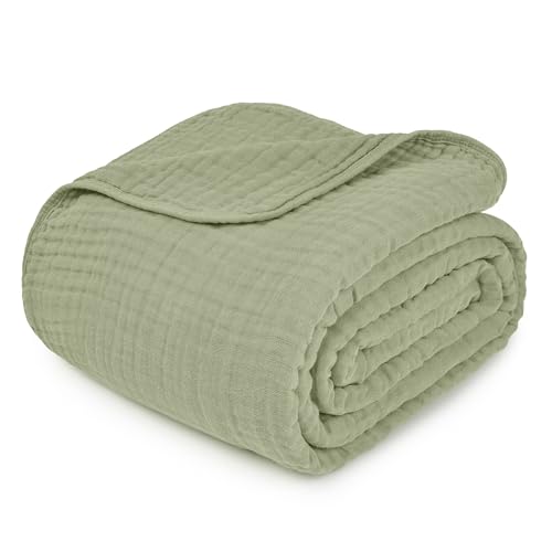 Image of Comfy Cubs Muslin Throw Blanket - 50 inch x 60 inch Quilted Design - Lightweight, Breathable 6-Layer Gauze Fabric - Soft Cotton Blanket for Home or Travel - Packaged in Elegant Gift Box - Sage