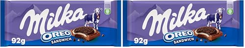 Milka Oreo Sándwich Tableta de Chocolate con Leche de los Alpes Cubiertas con Galletas Oreo y Crema Sabor Vainilla, 92 g (Paquete de 2)