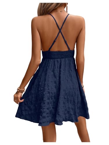 SOLY HUX Women's Summer Dress Deep V Neck Spaghetti Strap Shirred A Line Flowy Textured Vacation Short Dresses Sundress2
