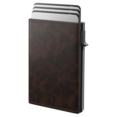 Image of typecase Mens Wallet Card Holder: Pop Up Aluminum Case, Genuine Leather, Smart, RFID Blocking, Slim, Minimalist, Front Pocket - 9-14 Card Capacity | ID Window | Cash Slot (Antique Brown)