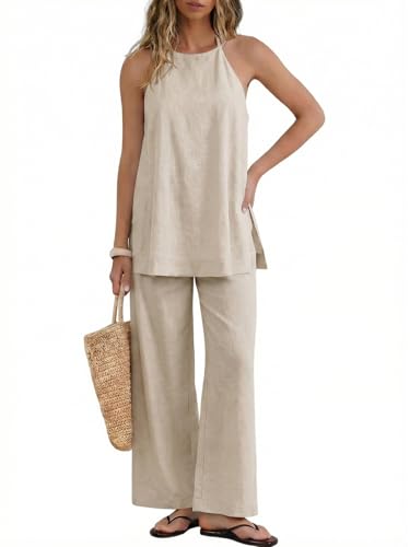 UNCOOYEE Womens 2 Piece Linen Lounge Set Summer Halter Neck