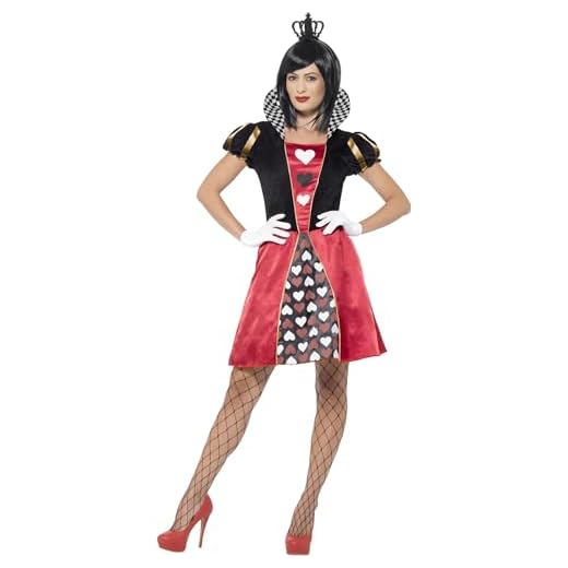Smiffys Disfraz de reina de la baraja, Rojo, con vestido, corona y guantes Halloween