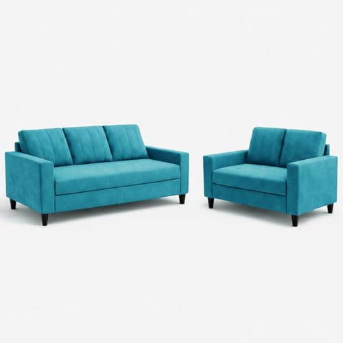 Image of Hendrick Plush Velvet 3 Seater + 2 Seater Sofa Set | Silken Velvet Suede Upholstery | Designer Sofa Set for Living Room & Office Spaces (Aqua Blue)