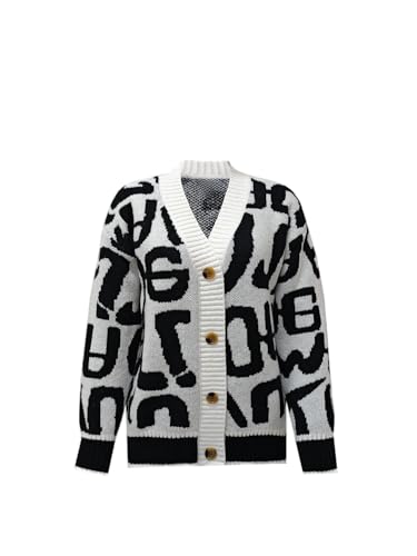 Womens‘Abstract Letter Print Cardigan V-Neck Long Sleeve Button Down Sweater Outwear