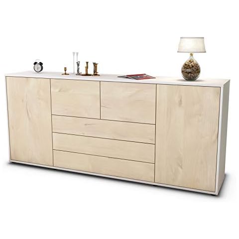 Stil.Zeit Sideboard Eliana - Korpus Weiss matt - Front Holz-Design Zeder Push-to-Open Technik & Leichtlaufschienen Cover