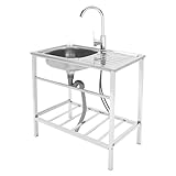 DSYOGX Fregadero independiente de acero inoxidable, lavabo portátil con fregadero y grifo, fregadero de cocina comercial, 75 x 40 x 76 cm, gran fregadero independiente para exterior interior, plata