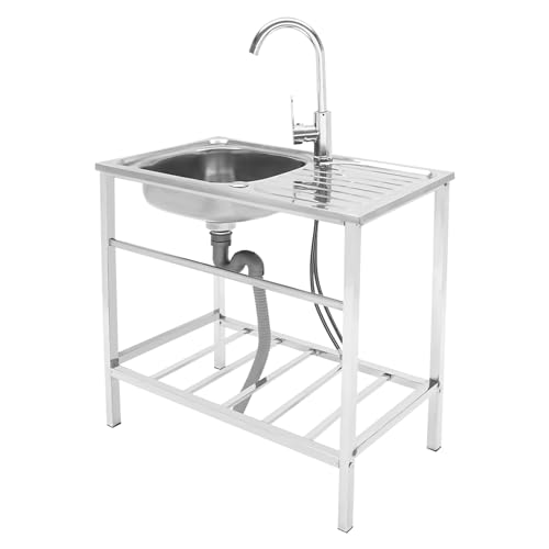 DSYOGX Fregadero independiente de acero inoxidable, lavabo portátil con fregadero y grifo, fregadero de cocina comercial, 75 x 40 x 76 cm, gran fregadero independiente para exterior interior, plata