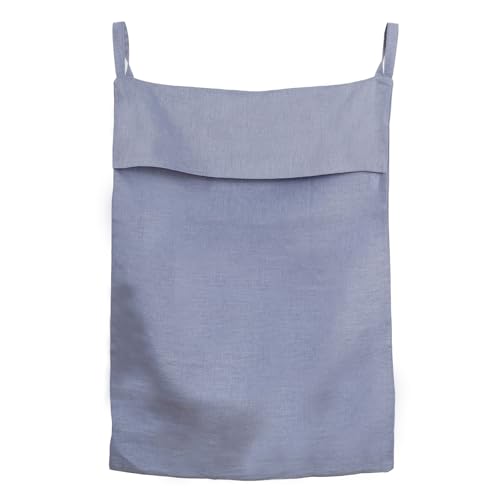 HSOFTIFY 100% Pure Linen Hanging Laundry Bag with Bottom Zipper, Over The Door Laundry Hamper Space Saving Hampers for Dirty Clothes Home Travel, 19.7x27.5inches,Denim Blue