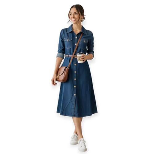 Image of BOOSTY Women's Denim Maxi Shirt Dress, Long Sleeve Button Down Midi Dress with Collar