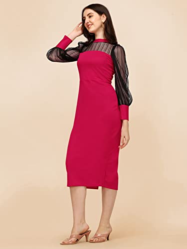 Image of Sheetal Associates Women's Polyester Bodycon Maxi Dress with Net Full Sleeves Round Neck Self Design Pattern and Bodycon Style | Maxi Dress for Women