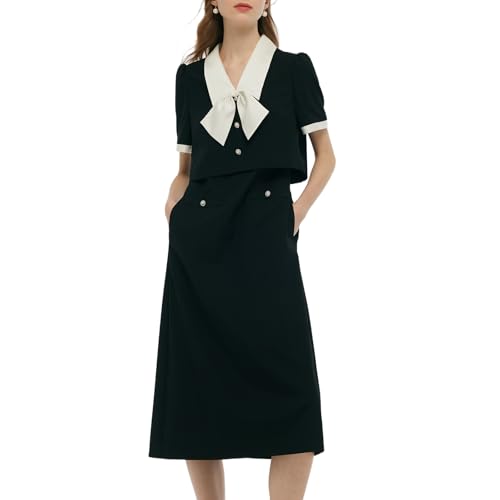 Women Work Dresses Short Sleeve V-Neck Blazer Midi Dress Business Casual Faux Two-Piece Wedding Guest Outfits