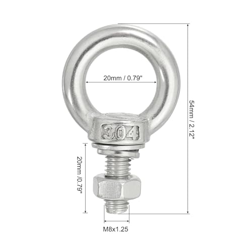 Image of uxcell M8*20 5 /16 inchx0.79 inch Stainless Steel Eye Bolts Threaded Screw Eyebolt Shoulder Ring with Nuts Washers for Lifting Hanging, 2 Set