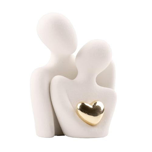 Dcsfadq Romantische Paar Skulptur mit Goldherz, Weiße Moderne Deko-Figur für Wohnzimmer Schlafzimmer, Abstrakte Liebesstatue Geschenke für...