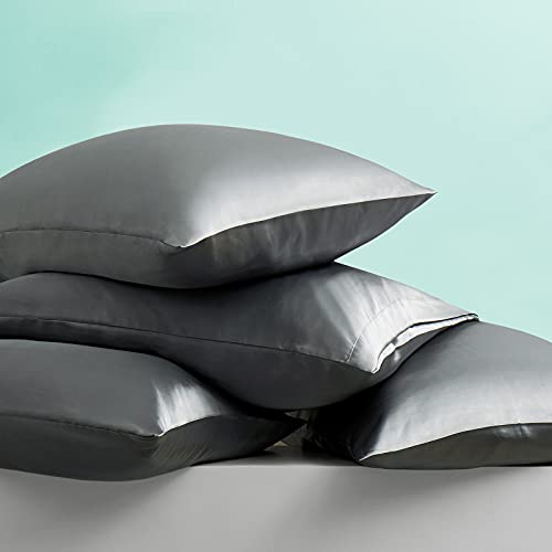 Image of Ersmak 7 Pieces Satin Sheets Set Queen Size, Luxury Silky Grey Satin Bed Sheets Set with 1 Deep Pocket Fitted Sheet, 1 Soft Flat Sheet, 4 Queen Pillowcases and 1 Body Pillowcase