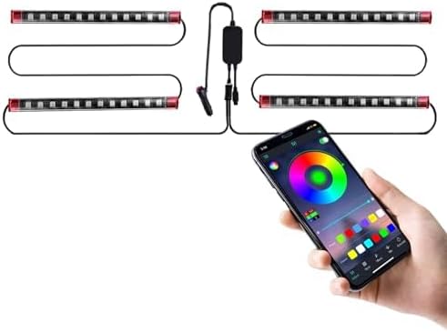 LivTee Car Led Interior Lights, Two-Line Design 4pcs 48 LED Multi DIY Color Music Under Dash Car Lighting Waterproof Kits with Wireless Remote & APP Control, Car Charger Included