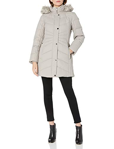 Anne Klein Women's Chevron Quilt Coat with Waist Detail with Faux Fur Hood, Pearl Grey, XLarge