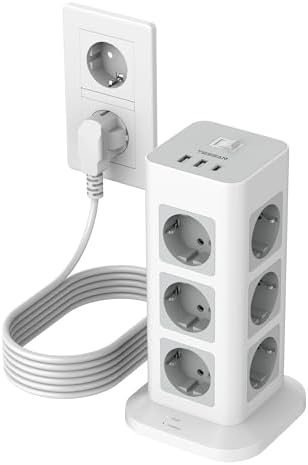 TESSAN 12 Fach Mehrfachsteckdose mit USB, Verlängerungskabel 5M, Grau | Steckerleiste Überspannungsschutz mit Mehrfachsteckdose 5M und 3 USB, 3600W Steckdosenturm, Steckdosenleiste