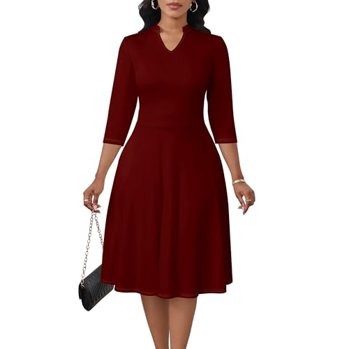 Image of PinkPatty Women's Semi Formal Midi Dresses 3 /4 Sleeve Solid Color Fit and Flare Dresses for Church Work Wine Red L