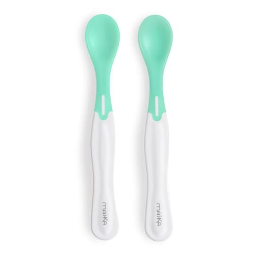 MAÏKA Lot de 2 cuillères bébé thermosensibles | 4 mois et plus | 16 cm | manche souple | change de couleur selon température | vertes et blanches