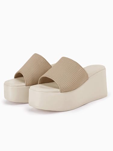 Image of Coutgo Womens Platform Slides Sandals Square Open Toe Slip On Elastic Band Casual Lightweight Wedge Shoes