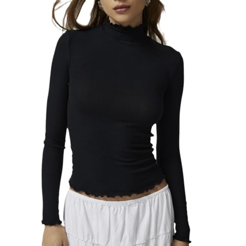 Top Ajustado con Cuello Alto para Mujer, Ribete de Volantes, Capas Básicas, Top Elástico Ajustado de Manga Larga, Color Liso para Uso Diario para Mujer (L)