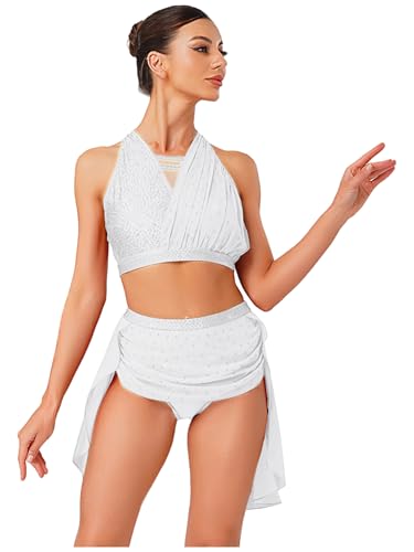 Winnrchan Women Lyrical Dance Dress Shiny Rhinestones Crop Top with Skirted Leotard 2-Piece Modern Dancing Costume White Small