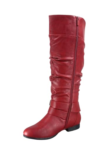 TZ Lily-20 Women's Knee High Riding Boots Low Flat Heel Winter Side Zip Buckles Boots Shoes4