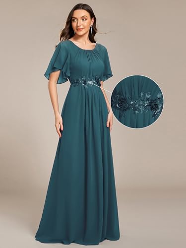 Image of Ever-Pretty Women's Classic Round Neck Pleated Short Sleeves Chiffon Appliques Floor Length A Line Formal Evening Dresses
